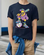 Cool Banana Baseball Player T Shirt Funny Cartoon Sports Tee - model wearing navy tee with hands in pockets