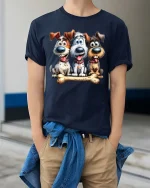 Funny Cute Dogs With Bone T Shirt Cartoon Puppy Friends Tee - model wearing navy tee with hands in pockets