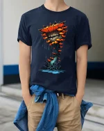 Creepy Carnivorous Mushroom Monster T Shirt Dark Fantasy Horror Tee - model wearing navy tee with hands in pockets