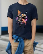Savage Flying Monster Beast T Shirt Dark Fantasy Horror Graphic Tee - model wearing navy tee with hands in pockets