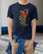 Snake And Apple Tree T Shirt Dark Mythology Nature Graphic Tee - model wearing navy tee with hands in pockets