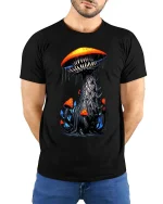 Nightmare Mushroom Monster T Shirt Creepy Fantasy Creature Tee - model wearing black tee with hands behind back