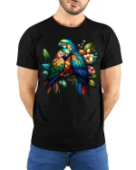 Colorful Parrot Couple T Shirt Tropical Birds Floral Graphic Tee - model wearing black tee with hands behind back