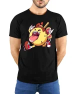 Funny Donut Rock Star T Shirt Cartoon Sweet Food Graphic Tee - model wearing black tee with hands behind back