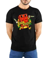 Funny Cartoon Brick Character T Shirt Retro Style Graphic Tee - model wearing black tee with hands behind back