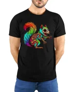 Neon Zombie Squirrel T Shirt Psychedelic Horror Animal Graphic Tee - model wearing black tee with hands behind back