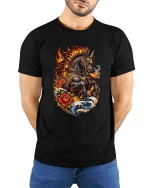 Fire Breathing War Horse T Shirt Mythical Flame Beast Graphic Tee - model wearing black tee with hands behind back