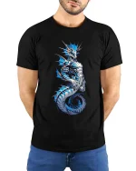 Blue Sea Dragon T Shirt Mythical Ocean Creature Fantasy Graphic Tee - model wearing black tee with hands behind back