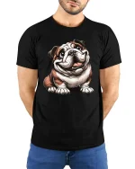 Happy Smiling Bulldog Graphic Tee Cute Funny Dog Lover Tshirt - model wearing black tee with hands behind back