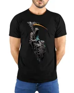 Grim Reaper Scythe Glow T Shirt Dark Gothic Death Art Tee - model wearing black tee with hands behind back