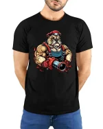 Tough Bulldog Firefighter T Shirt Muscular Rescue Hero Graphic Tee - model wearing black tee with hands behind back