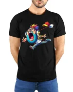 Funny Screaming Cartoon Kid T Shirt Loud Music Lover Graphic Tee - model wearing black tee with hands behind back