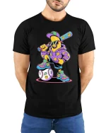 Cool Banana Baseball Player T Shirt Funny Cartoon Sports Tee - model wearing black tee with hands behind back