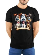 Funny Cute Dogs With Bone T Shirt Cartoon Puppy Friends Tee - model wearing black tee with hands behind back