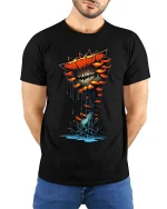 Creepy Carnivorous Mushroom Monster T Shirt Dark Fantasy Horror Tee - model wearing black tee with hands behind back