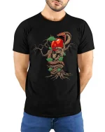 Snake And Apple Tree T Shirt Dark Mythology Nature Graphic Tee - model wearing black tee with hands behind back