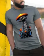 Nightmare Mushroom Monster T Shirt Creepy Fantasy Creature Tee - model wearing grey tee, leaning on column