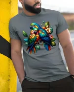 Colorful Parrot Couple T Shirt Tropical Birds Floral Graphic Tee - model wearing grey tee, leaning on column