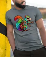 Neon Zombie Squirrel T Shirt Psychedelic Horror Animal Graphic Tee - model wearing grey tee, leaning on column