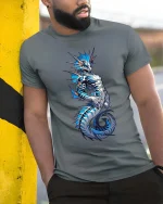 Blue Sea Dragon T Shirt Mythical Ocean Creature Fantasy Graphic Tee - model wearing grey tee, leaning on column