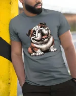 Happy Smiling Bulldog Graphic Tee Cute Funny Dog Lover Tshirt - model wearing grey tee, leaning on column