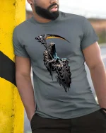 Grim Reaper Scythe Glow T Shirt Dark Gothic Death Art Tee - model wearing grey tee, leaning on column