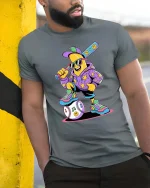 Cool Banana Baseball Player T Shirt Funny Cartoon Sports Tee - model wearing grey tee, leaning on column