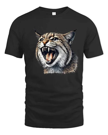 Fierce Wild Cat Tshirt Roaring Lynx Realistic Animal Graphic - black t-shirt on white background