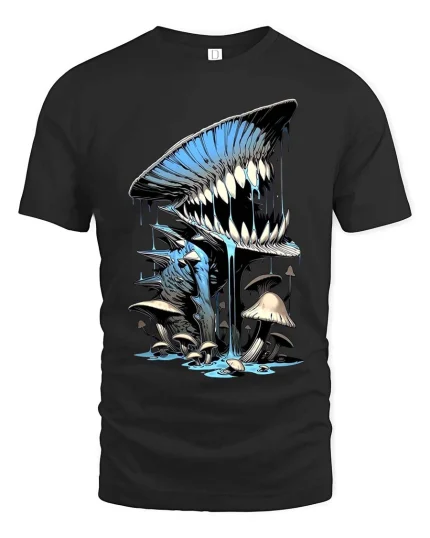 Creepy Mushroom Monster Tshirt Dripping Teeth Fantasy Horror Art - black t-shirt on white background