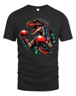 Boxing Dinosaur Tshirt Fierce T Rex Fighter Retro Tattoo Style - black t-shirt on white background