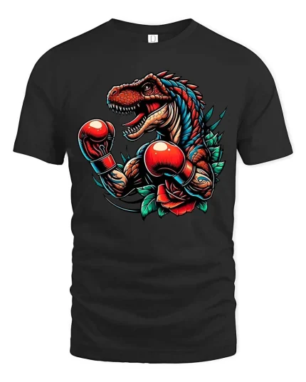 Boxing Dinosaur Tshirt Fierce T Rex Fighter Retro Tattoo Style - black t-shirt on white background