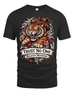 Trust No One Tiger Tshirt Fierce Floral Tattoo Style Graphic - black t-shirt on white background