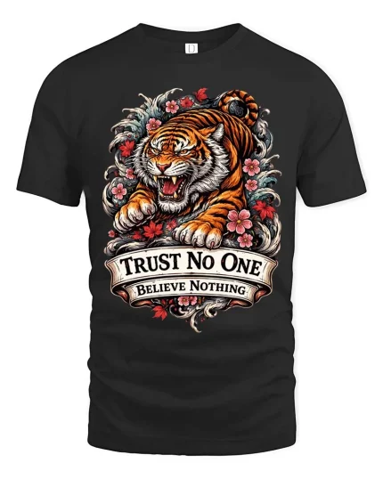 Trust No One Tiger Tshirt Fierce Floral Tattoo Style Graphic - black t-shirt on white background