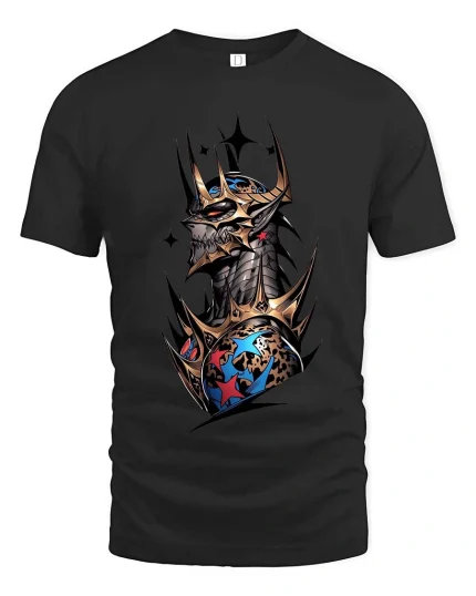 Dark Skull King Tshirt Gothic Armor Crown Fantasy Graphic Style - black t-shirt on white background