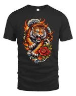 Fiery Tiger Tshirt Japanese Wave Floral Tattoo Style Graphic - black t-shirt on white background