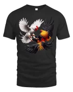 Fighting Roosters Tshirt Dynamic Chicken Battle Realistic Art - black t-shirt on white background