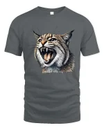 Fierce Wild Cat Tshirt Roaring Lynx Realistic Animal Graphic - gray t-shirt on white background