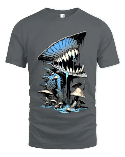 Creepy Mushroom Monster Tshirt Dripping Teeth Fantasy Horror Art - gray t-shirt on white background