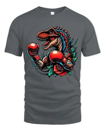 Boxing Dinosaur Tshirt Fierce T Rex Fighter Retro Tattoo Style - gray t-shirt on white background