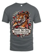 Trust No One Tiger Tshirt Fierce Floral Tattoo Style Graphic - gray t-shirt on white background