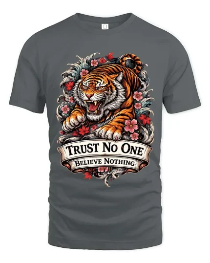 Trust No One Tiger Tshirt Fierce Floral Tattoo Style Graphic - gray t-shirt on white background