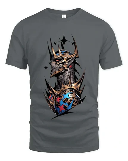 Dark Skull King Tshirt Gothic Armor Crown Fantasy Graphic Style - gray t-shirt on white background