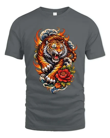 Fiery Tiger Tshirt Japanese Wave Floral Tattoo Style Graphic - gray t-shirt on white background