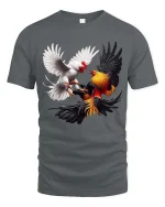 Fighting Roosters Tshirt Dynamic Chicken Battle Realistic Art - gray t-shirt on white background