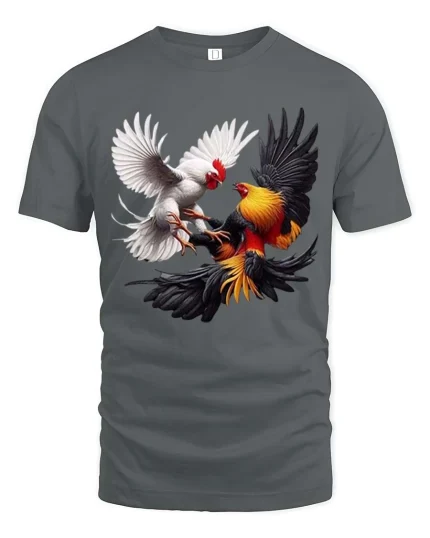 Fighting Roosters Tshirt Dynamic Chicken Battle Realistic Art - gray t-shirt on white background