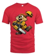 Funny Beaver Chainsaw Tshirt Cute Builder Animal Cartoon Style - red t-shirt on white background