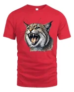 Fierce Wild Cat Tshirt Roaring Lynx Realistic Animal Graphic - red t-shirt on white background