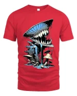 Creepy Mushroom Monster Tshirt Dripping Teeth Fantasy Horror Art - red t-shirt on white background