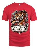 Trust No One Tiger Tshirt Fierce Floral Tattoo Style Graphic - red t-shirt on white background