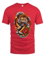 Fiery Tiger Tshirt Japanese Wave Floral Tattoo Style Graphic - red t-shirt on white background